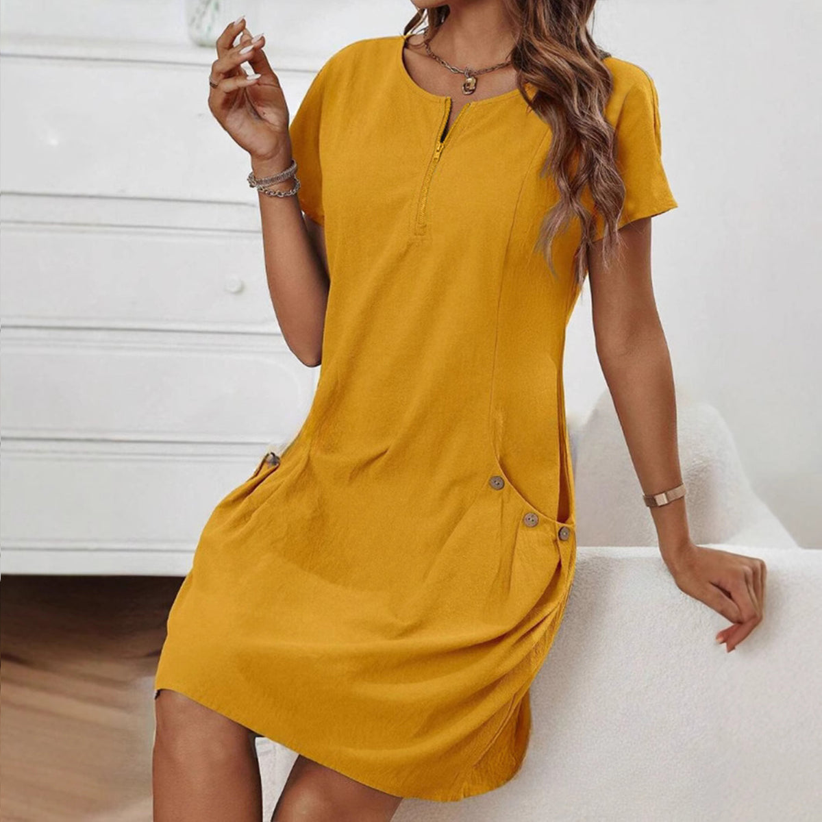Robe Décontractée à Poches avec Zip Décoratif