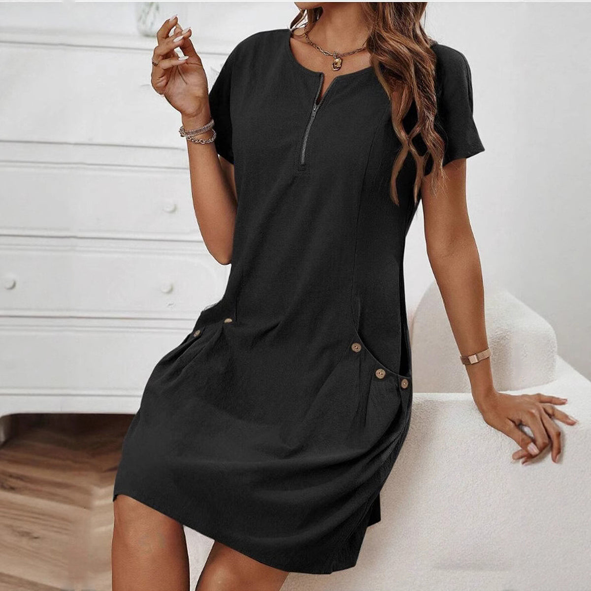 Robe Décontractée à Poches avec Zip Décoratif
